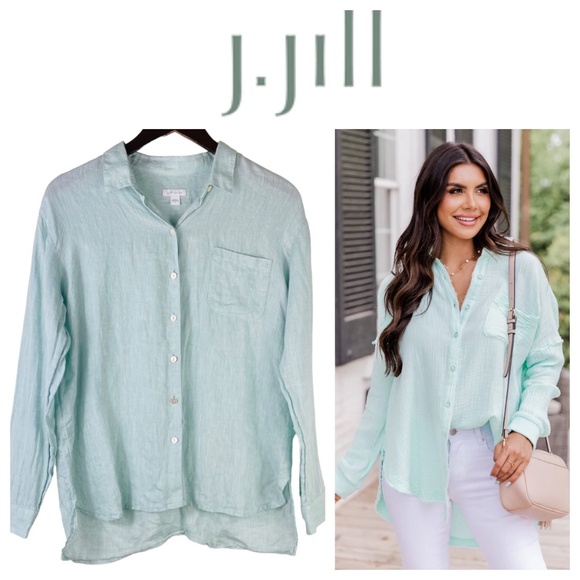 J Jill Love Linen Sz Small Shirt Top Blouse Button Down Mint Green 100% LINEN - Picture 1 of 4